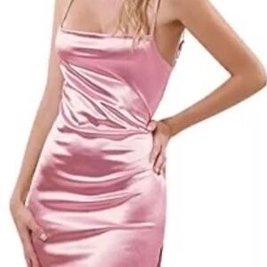 Bodycon Pink Spaghetti Strap Backless Satin Side Splits Party Mini Dress Sz S